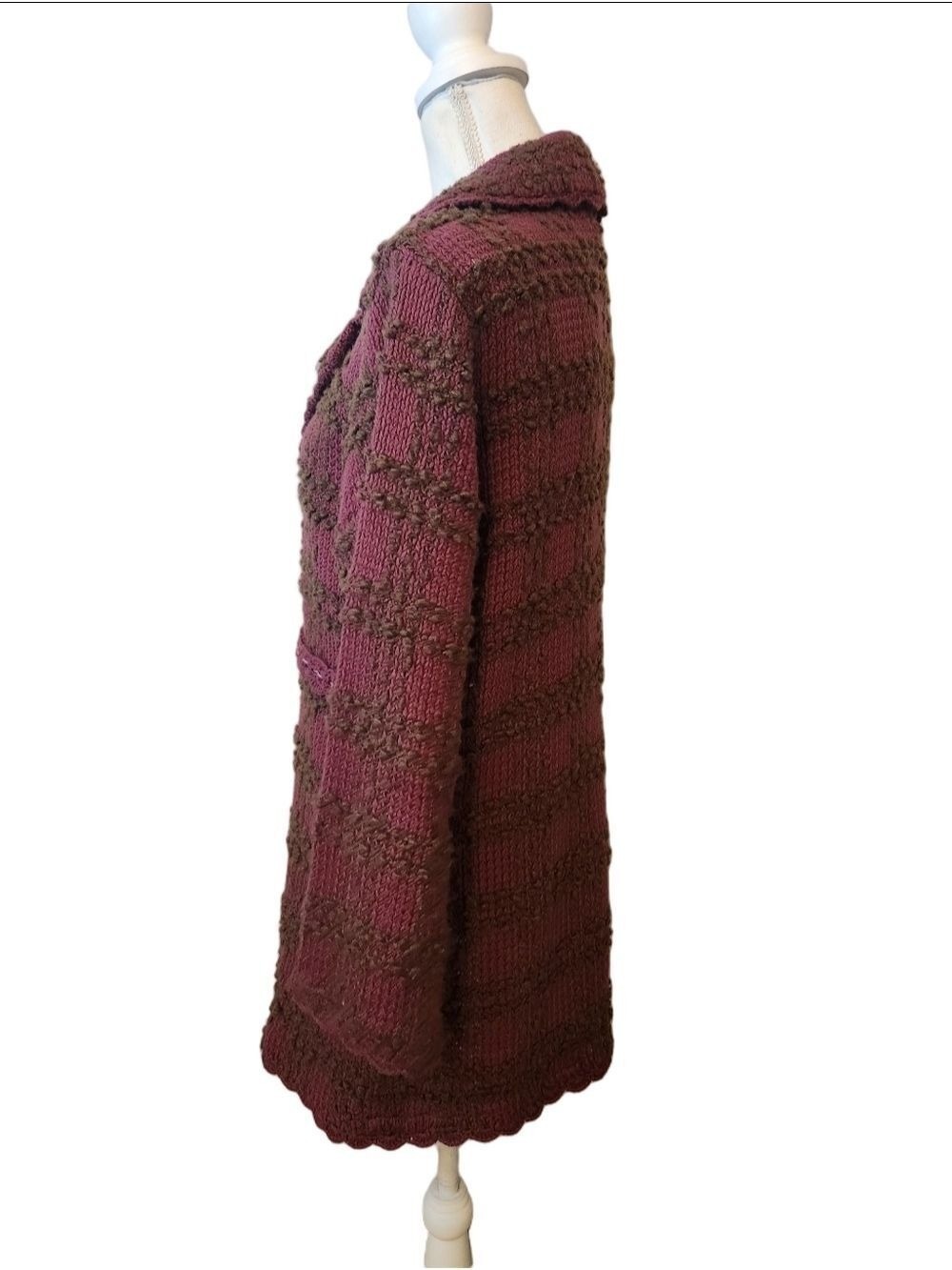 Vintage-Style Longline Knit Duster Cardigan - Plum & Brown Textured Empire Waist - Picture 8 of 15